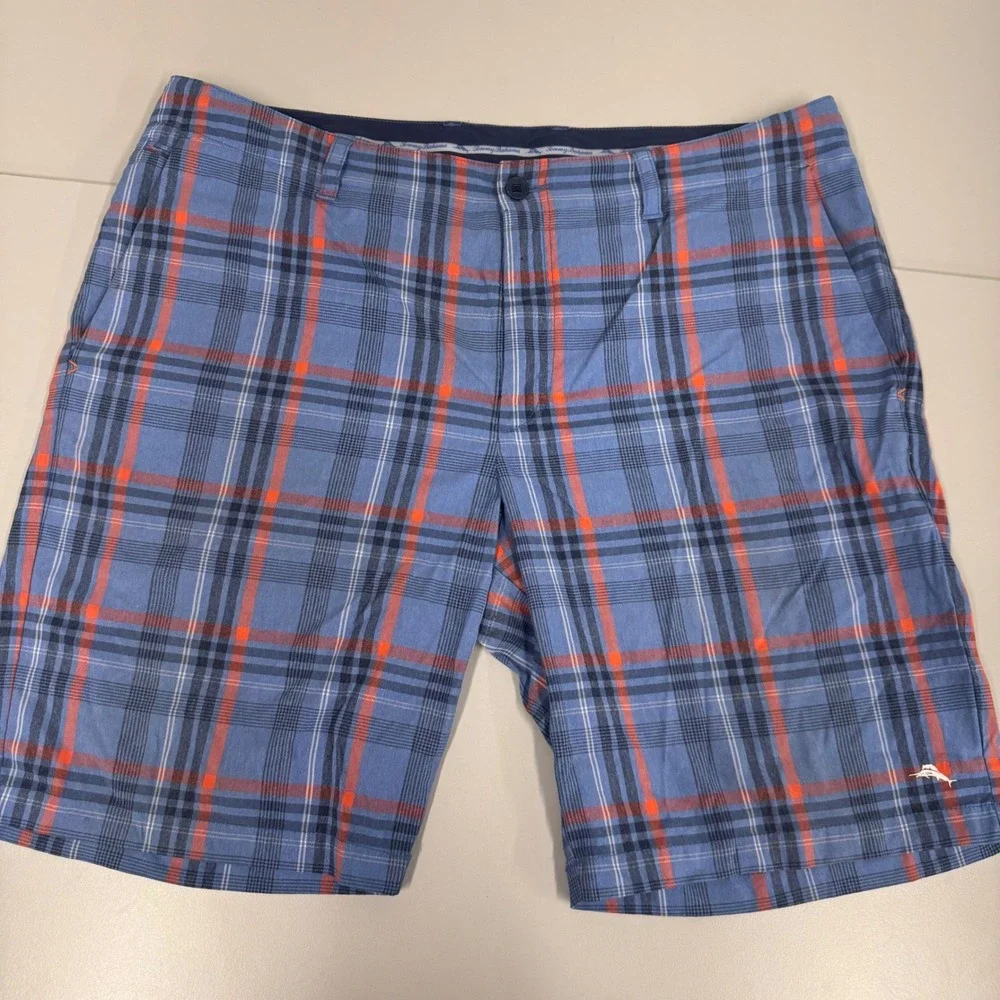 Tommy Bahama‎ Plaid Performance Shorts Mens 40 Blue Orange Stretch Marlin Logo